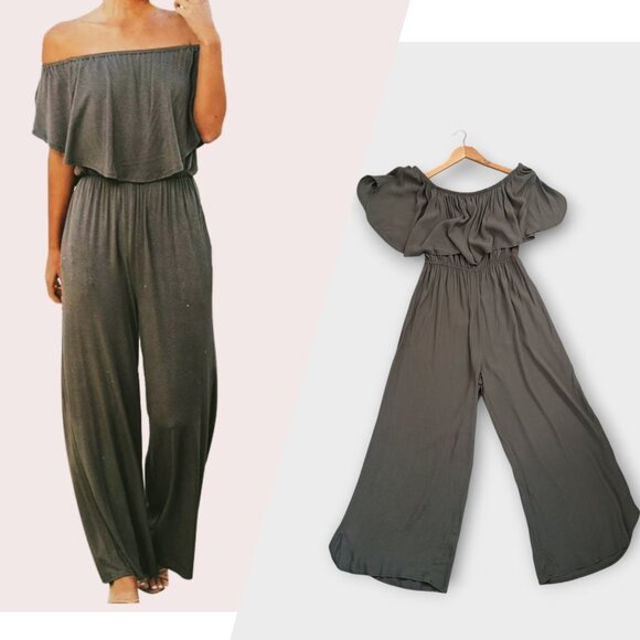 Olive Green Ruffled Off-Shoulder Jumpsuit Size Large Women - Picture 1 of 7